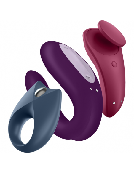 Juguetes sexuales Satisfyer. Anillo, vibrador U y vibrador parejas Box3.
