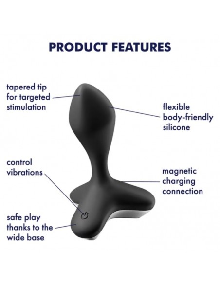Detalles de plug vibrador color negro de Satisfyer.